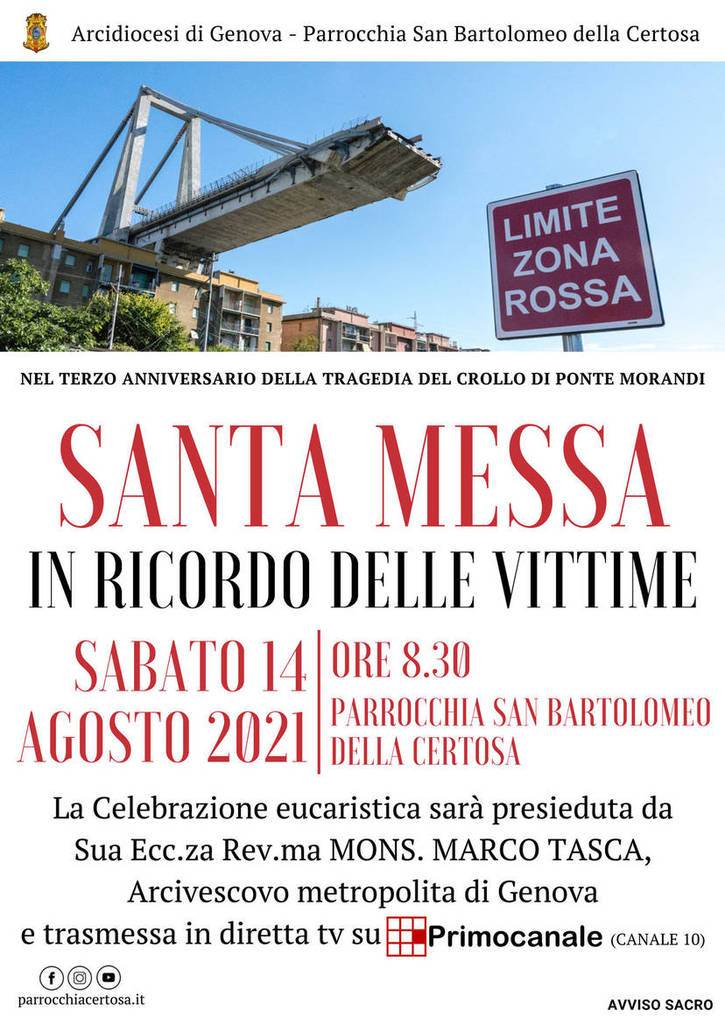 Terzo anniversario crollo Ponte Morandi: S. Messa a Certosa